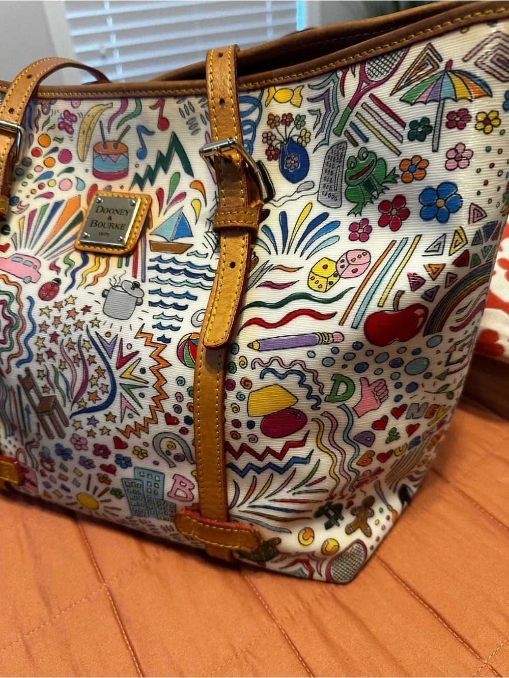 Dooney & Bourke White Multicolor Doodle Tote with Tan Leather Trim